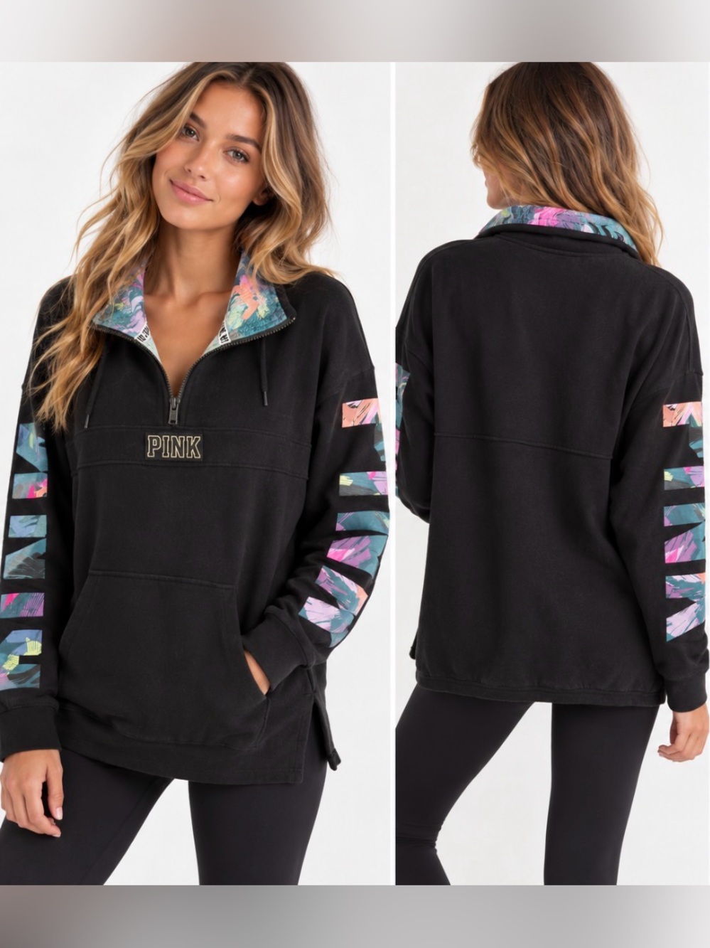 Victorias Secret PINK Tropical Floral Quarter Zip Pullover Sweatshirt Black Sz S